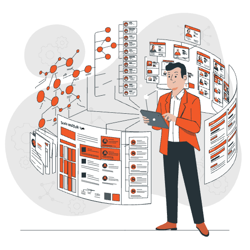 Man with tablet managing interconnected profile cards and network diagrams, with gears in the background.
