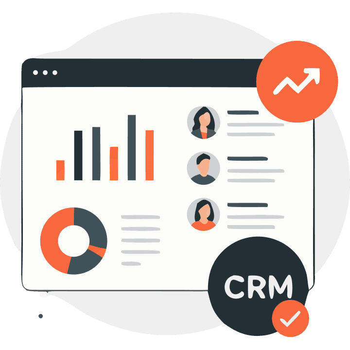 Browser window showing data analytics charts, user profiles, an upward trend arrow, and a 'CRM' icon with a checkmark.