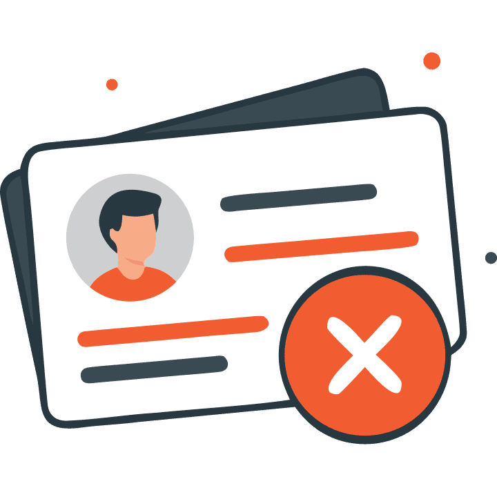 Two profile cards with a red circle and white 'X' indicating invalidation or removal