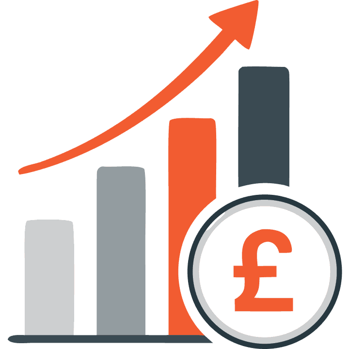 Bar chart with an upward-trending arrow and a pound sterling symbol