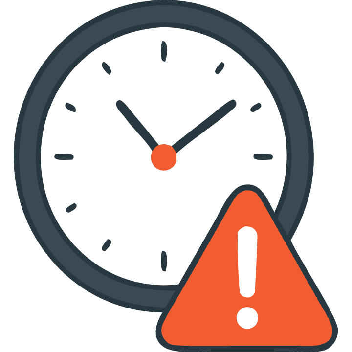 Clock with a red triangular warning sign and exclamation mark